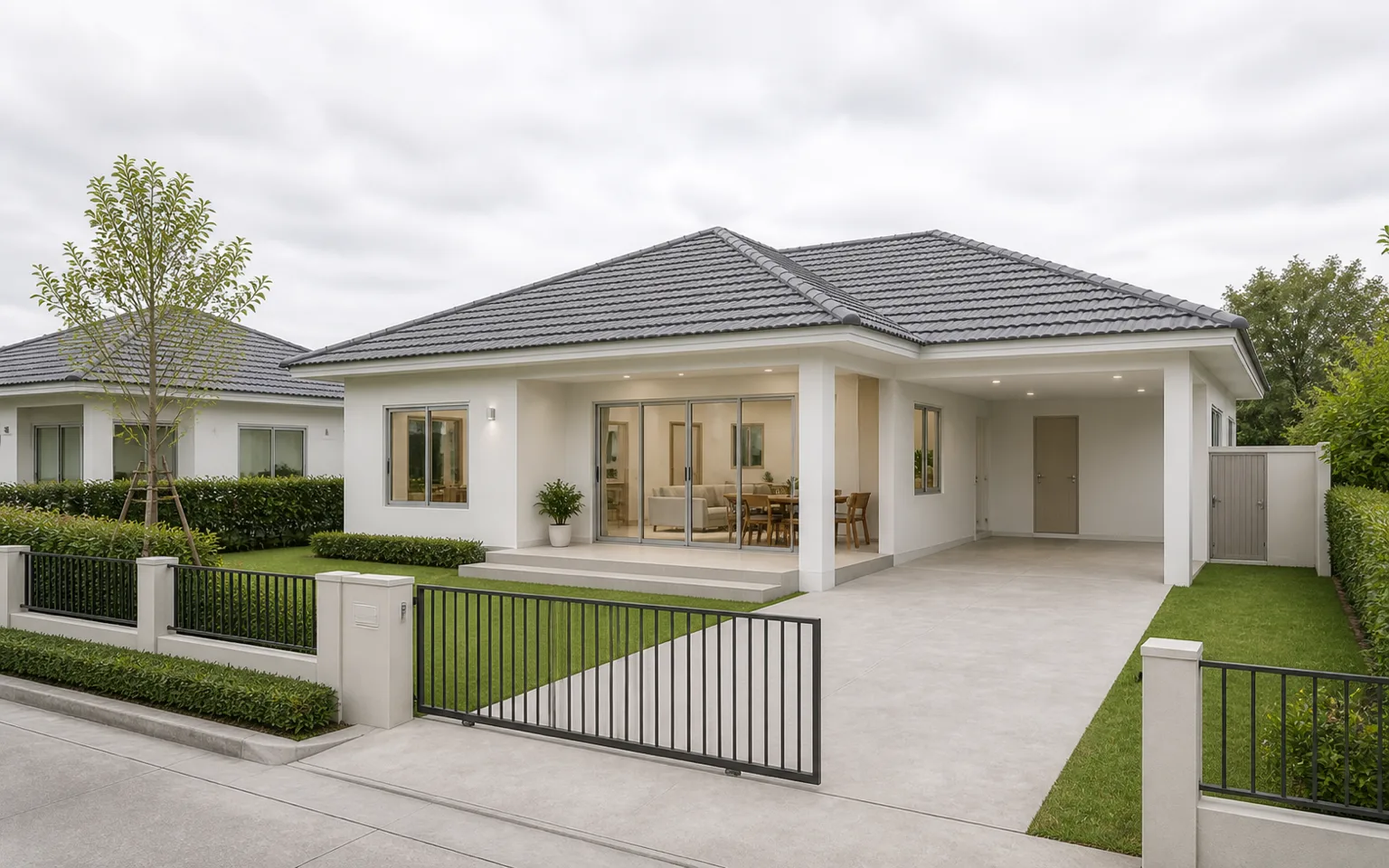 Render: House 3 Plus three-quarter exterior — a wider front elevation, the deeper covered terrace, a utility court, the carport, a more established garden, a neighbouring house past the fence.