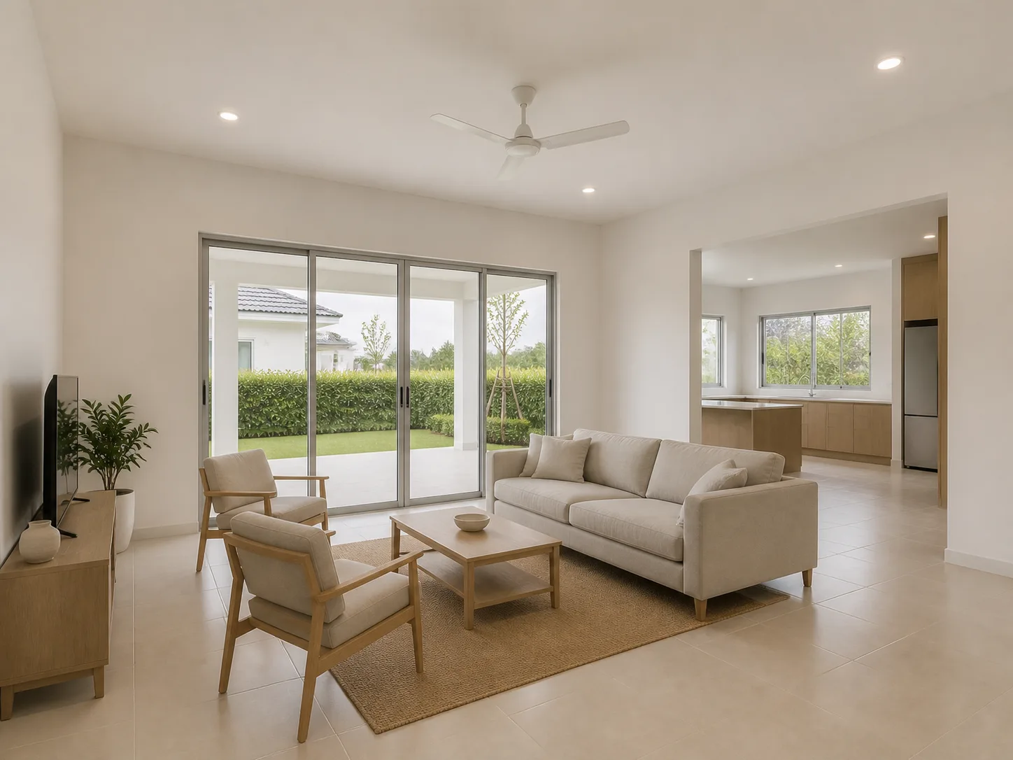 Render: the House 3 Plus living room showing the taller 3.10 m ceiling — full-scale furniture, full-height terrace doors, an opening through to the kitchen, white walls, pale porcelain floor.