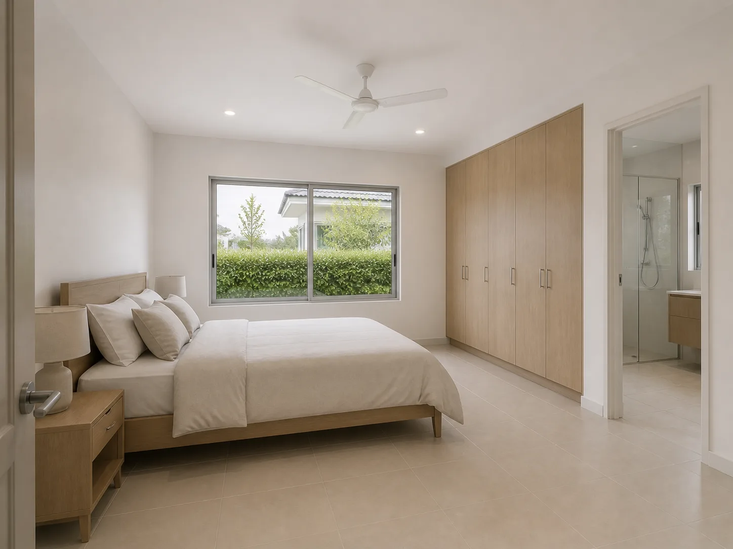 Render: the House 3 Plus master bedroom with an en-suite door — a full-size bed, a run of built-in wardrobe carcasses, a larger window, a ceiling fan.