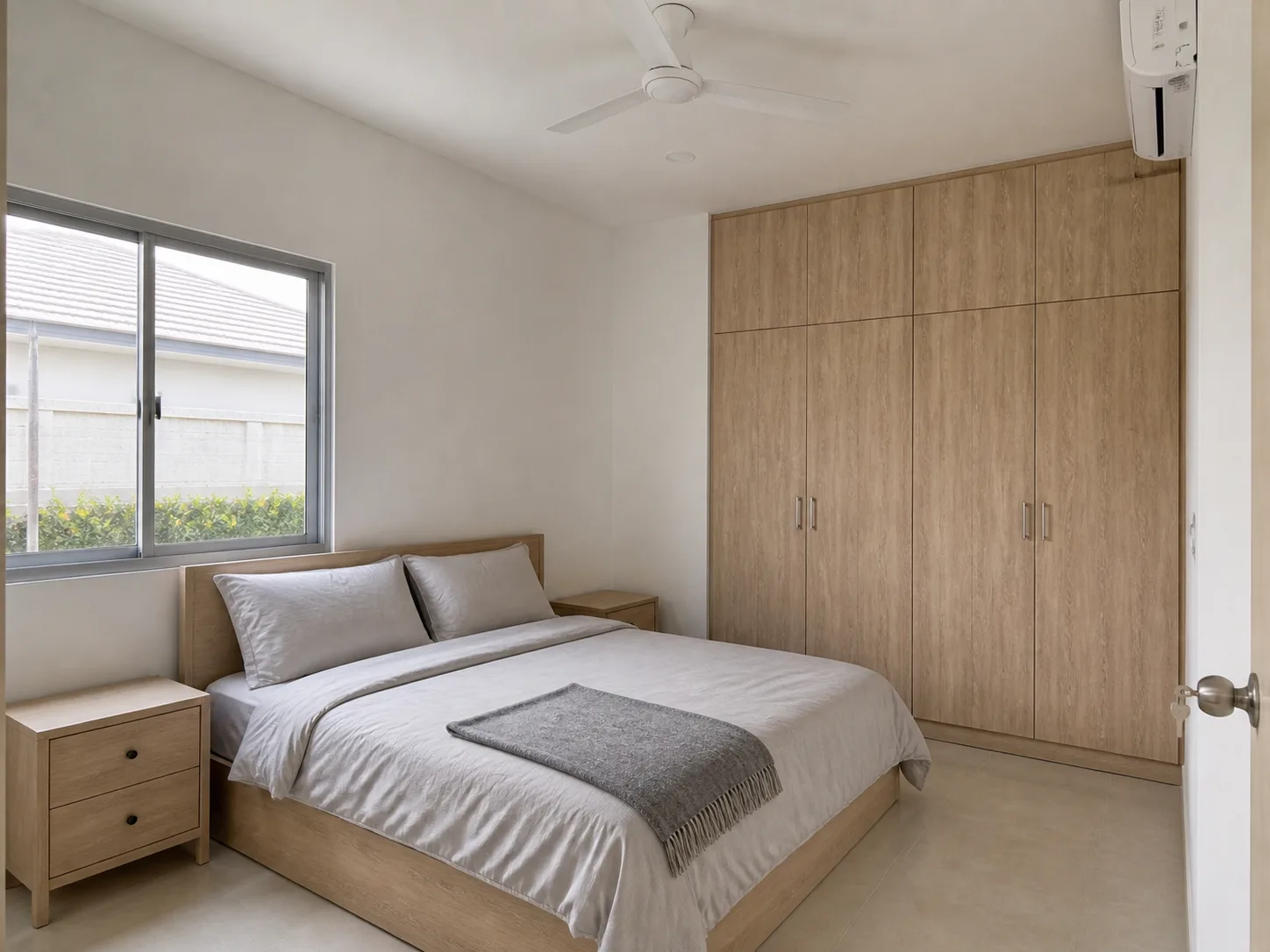 Photograph of the House 3 show-home master bedroom — a full-size bed, two bedside tables, a built-in wardrobe along one wall, a window onto a side garden.